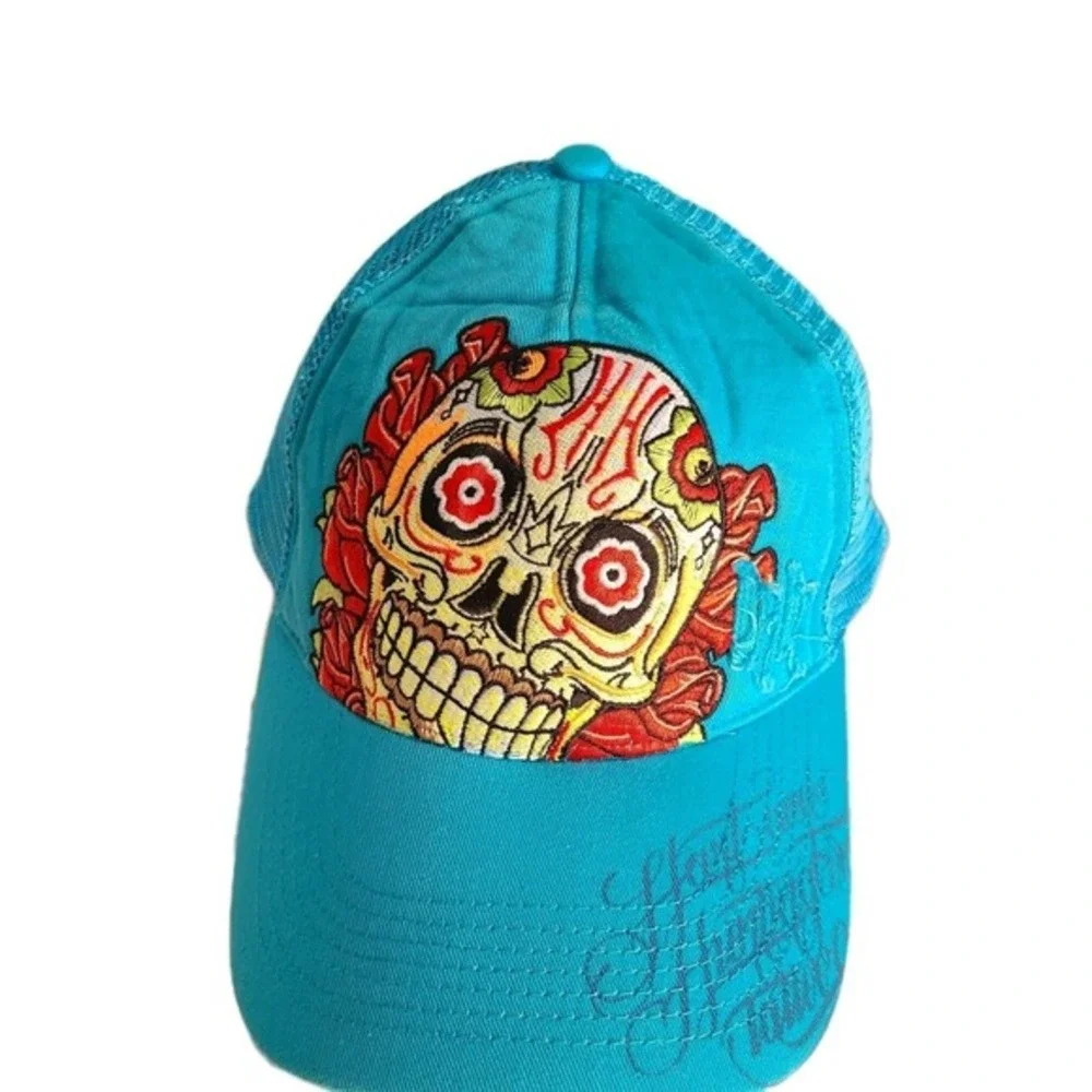 Hart & Huntington Cap Skull Rose Turquoise Blue Snapback Trucker Hat vintage